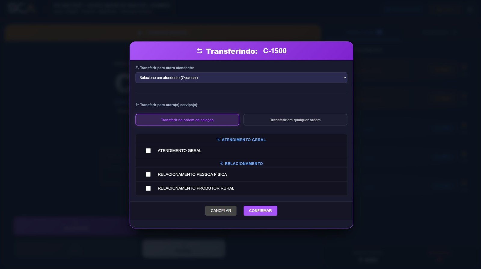 Tela do atendente - visão geral